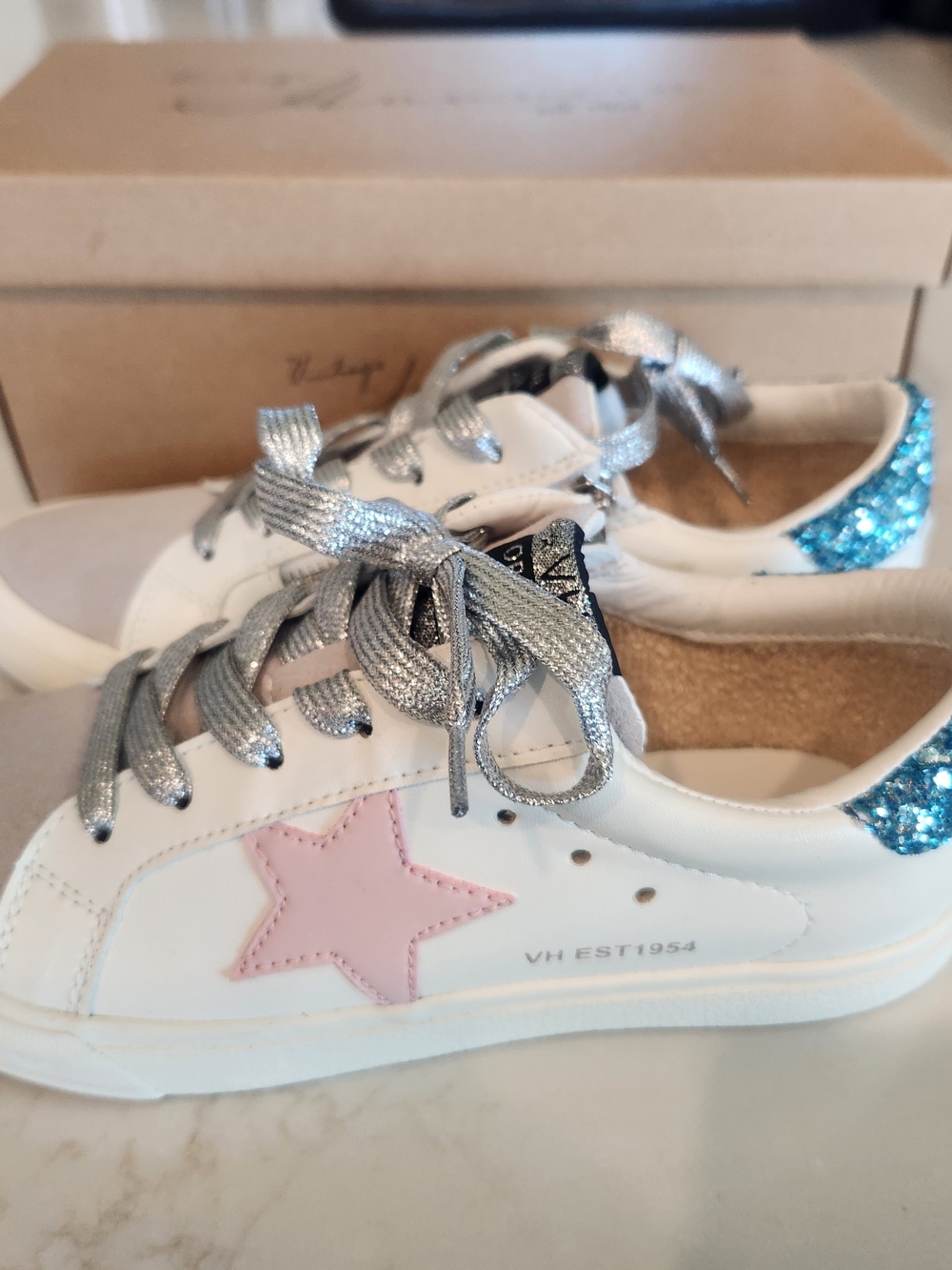 Vintage Havana White Sneakers with Pink Star, Silver Laces & Blue Glitter Heel
